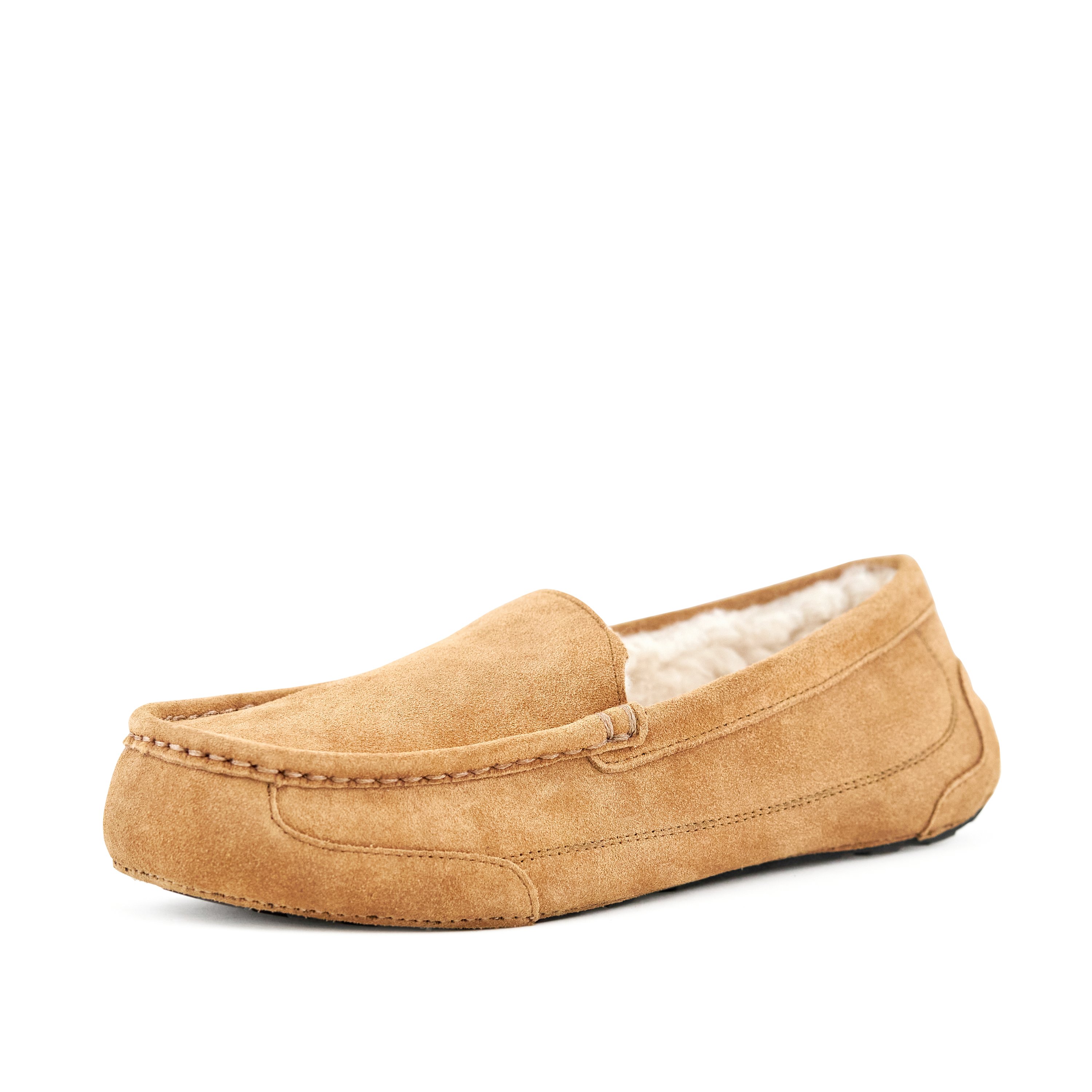 Men's Toasty Camel moccasin slippers made of genuine suede with faux fur lining and rubber sole, designed for comfort and style.