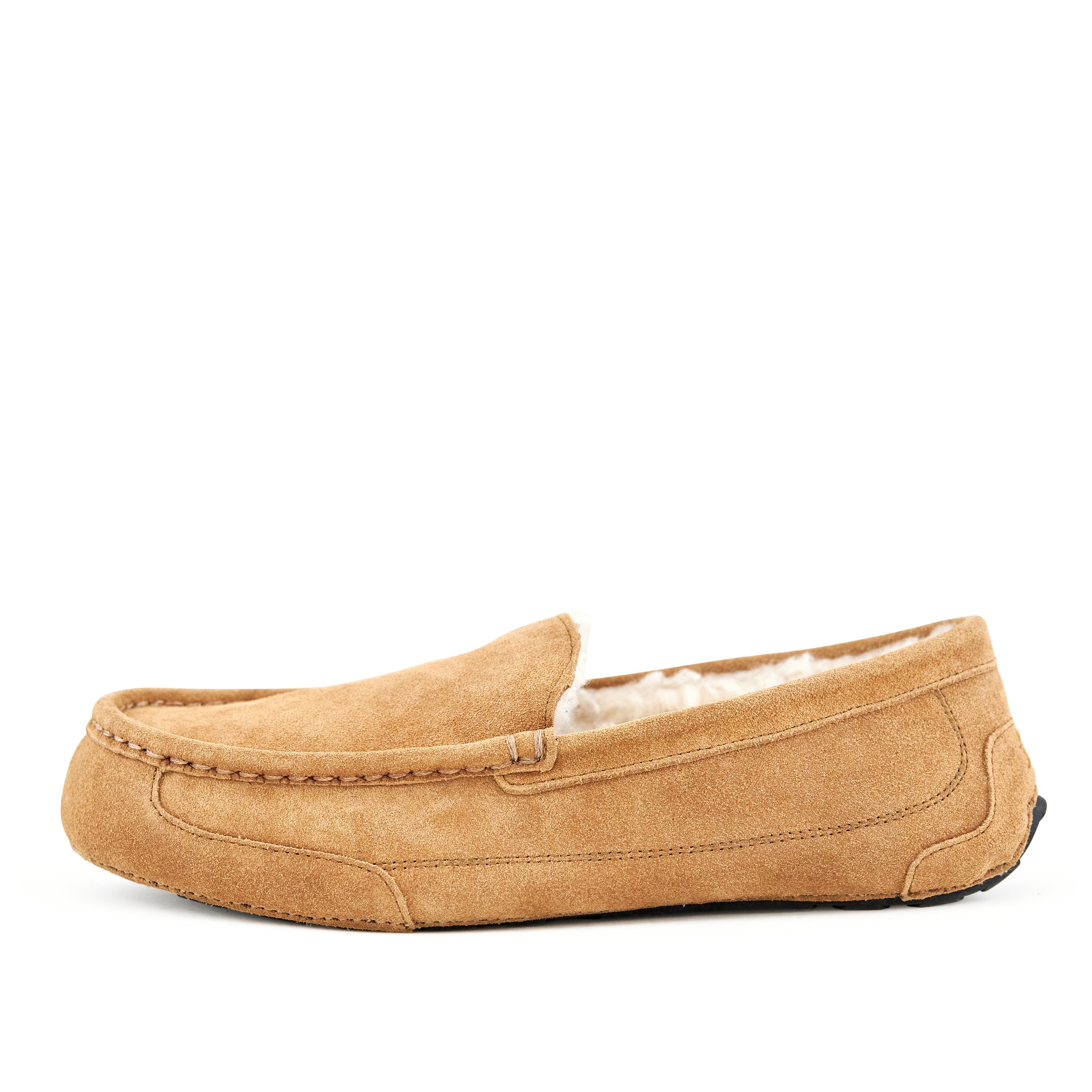 Men's Toasty Camel moccasin slippers made of genuine suede with faux fur lining and rubber sole, designed for comfort and style.