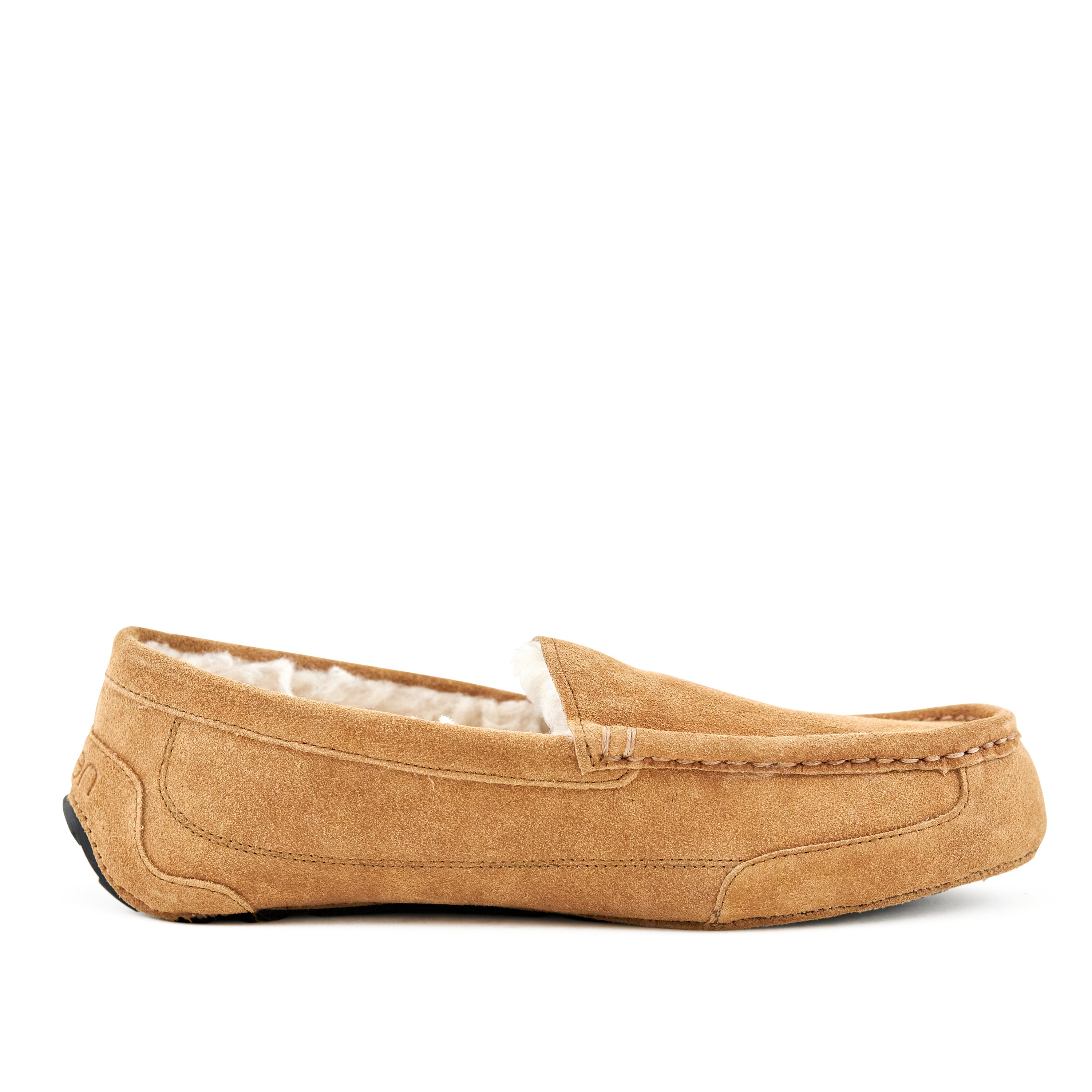 Men's Toasty Camel moccasin slippers made of genuine suede with faux fur lining and rubber sole, designed for comfort and style.