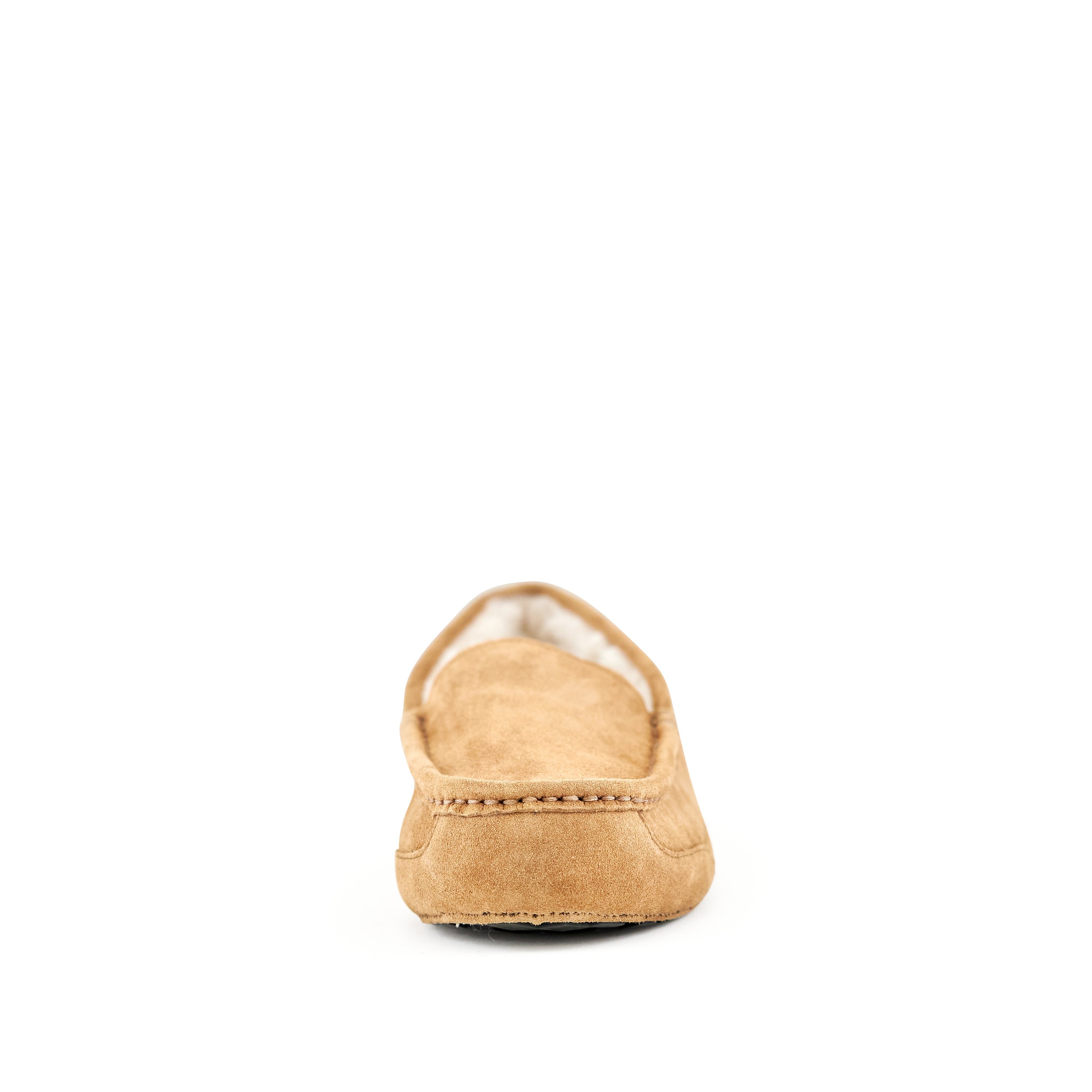 Men's Toasty Camel moccasin slippers made of genuine suede with faux fur lining and rubber sole, designed for comfort and style.