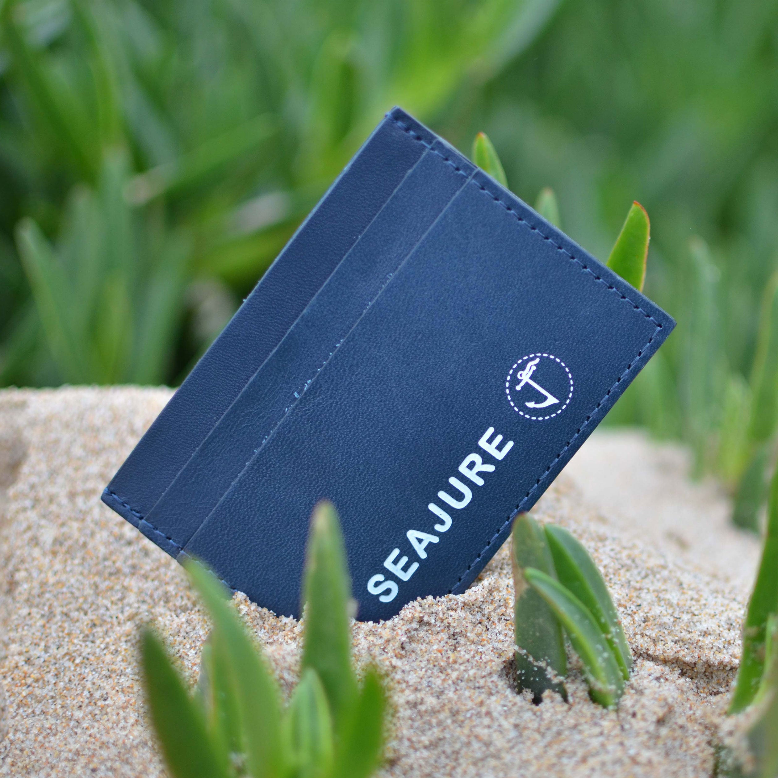 Seajure Smooth Leather Card Holder in navy, showcasing soft leather, tonal stitching, and premium finish.