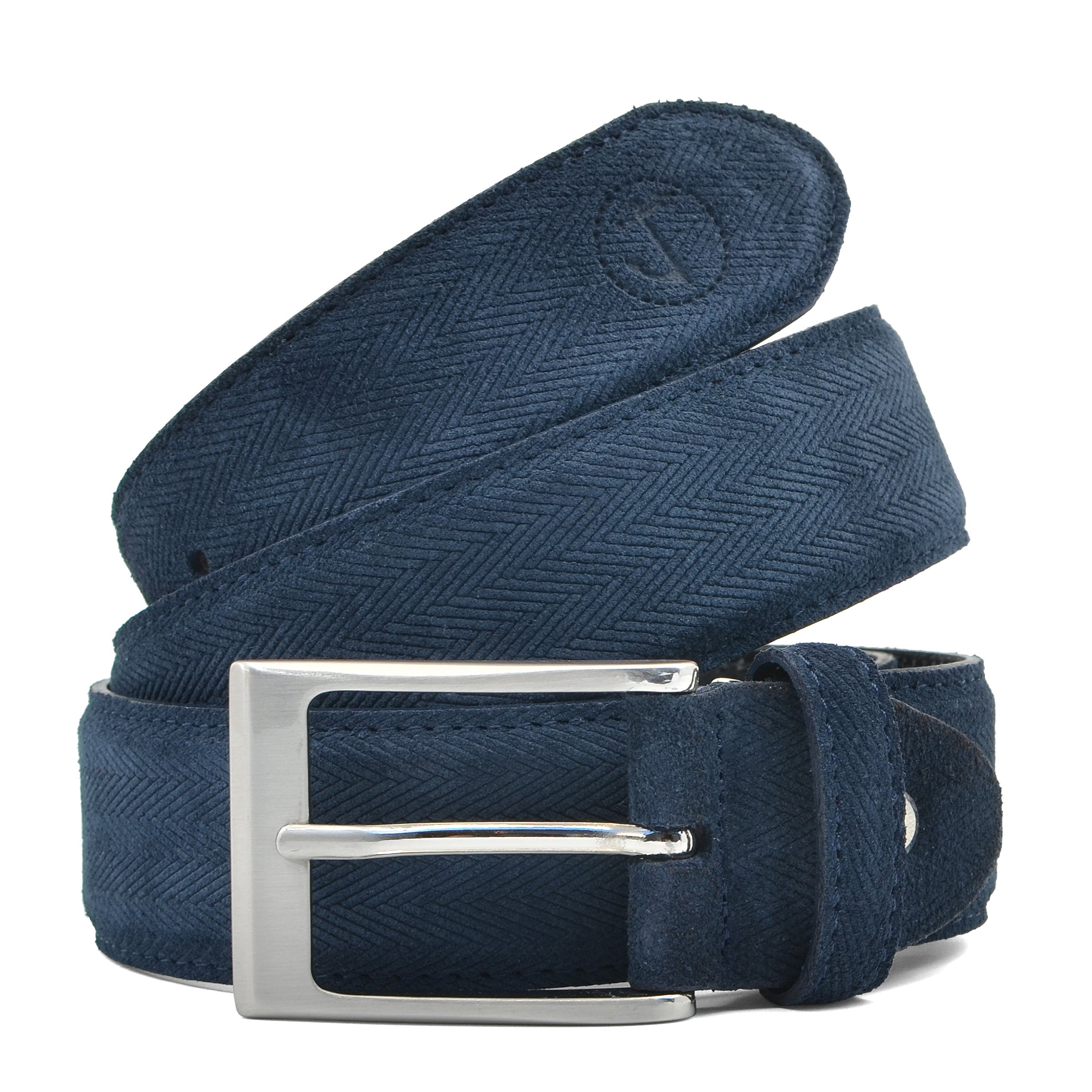 Seajure Sulu Suede Belt featuring embossed design and silver rectangular buckle, handmade in Portugal.