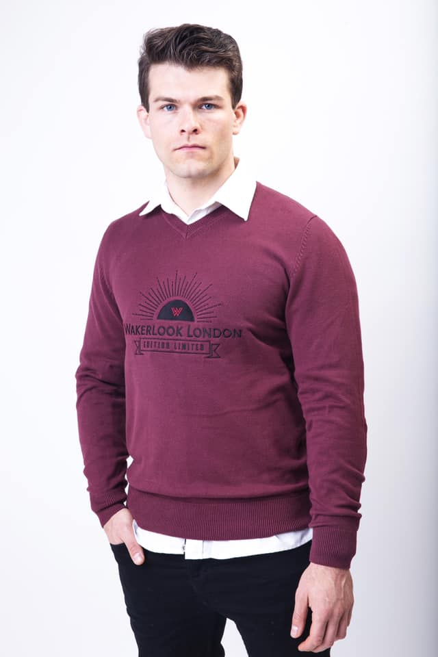 Wakerlook Men's Cotton Blend Burgundy Sweater featuring a classic V-neck, raglan sleeves, and decorative stitching, displayed in a luxury red box.