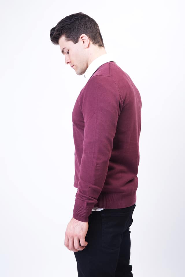 Wakerlook Men's Cotton Blend Burgundy Sweater featuring a classic V-neck, raglan sleeves, and decorative stitching, displayed in a luxury red box.