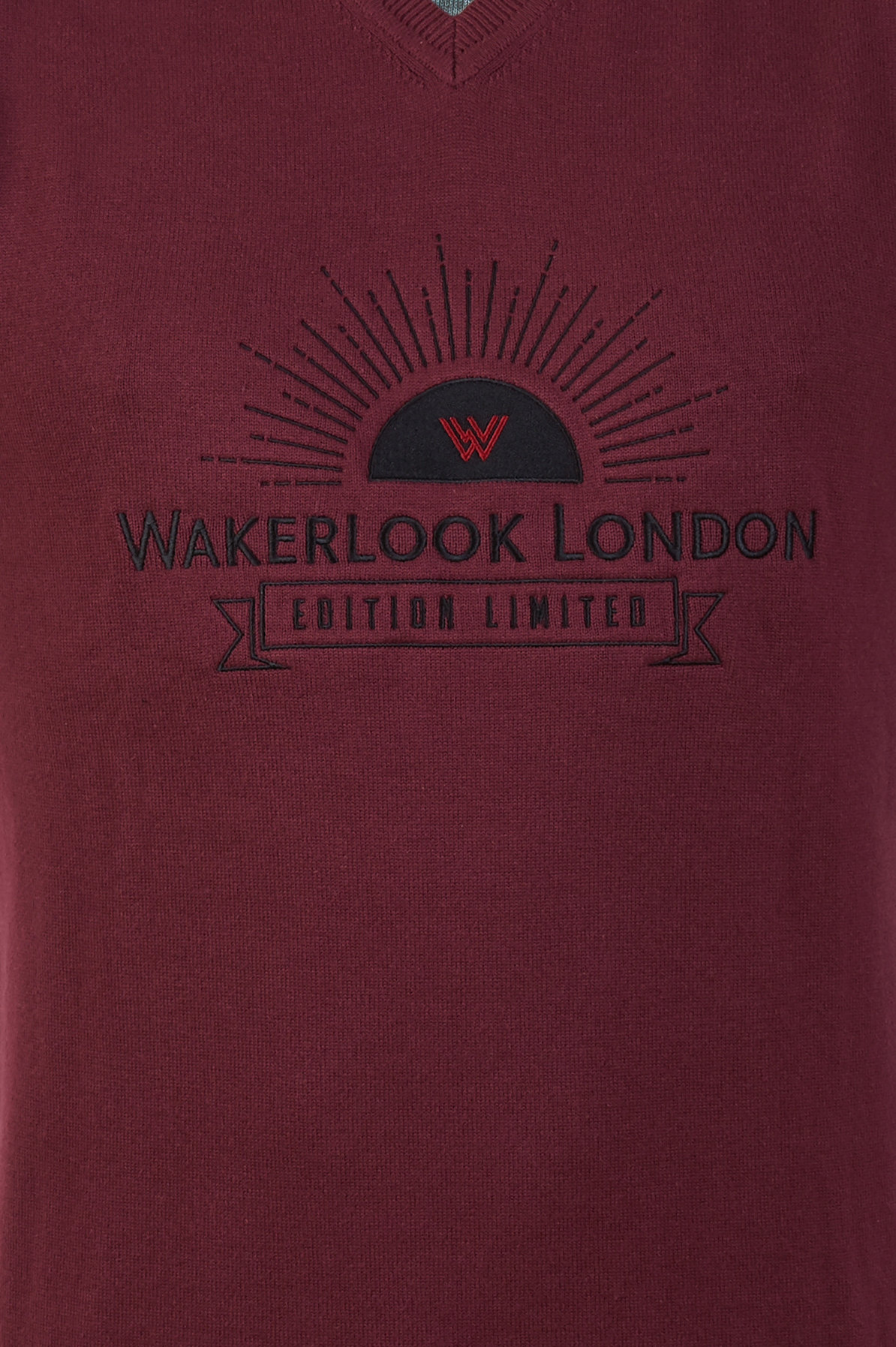 Wakerlook Men's Cotton Blend Burgundy Sweater featuring a classic V-neck, raglan sleeves, and decorative stitching, displayed in a luxury red box.