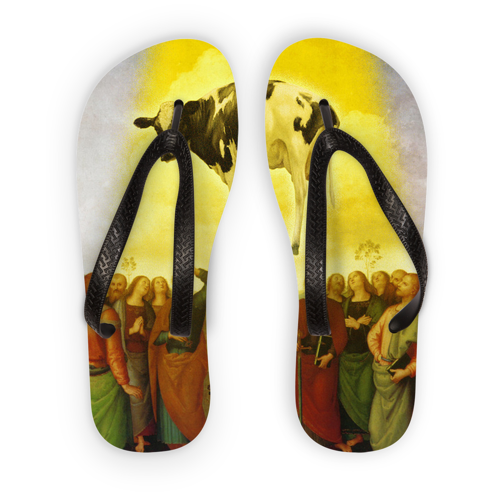 Abduction Adult Flip Flops featuring customizable printed fabric and soft black or orange straps, perfect for summer wear.