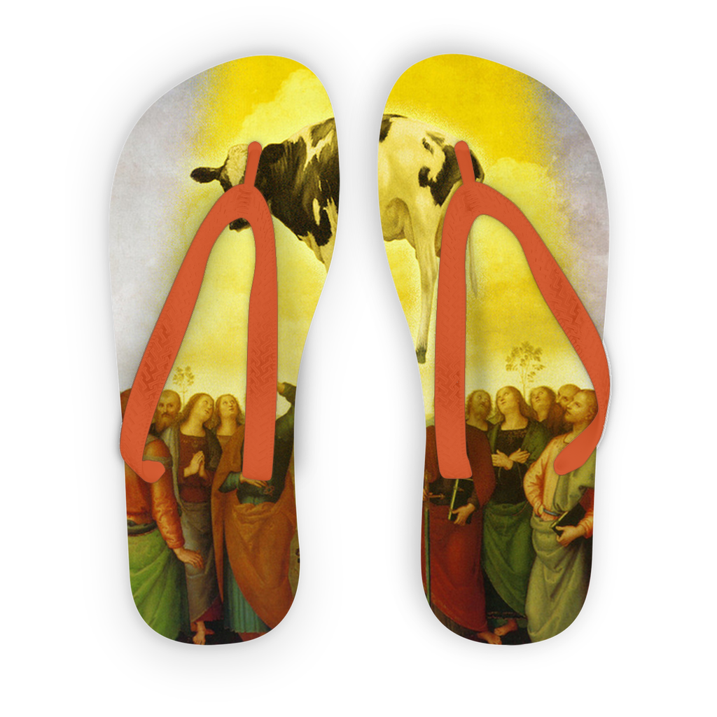 Abduction Adult Flip Flops featuring customizable printed fabric and soft black or orange straps, perfect for summer wear.