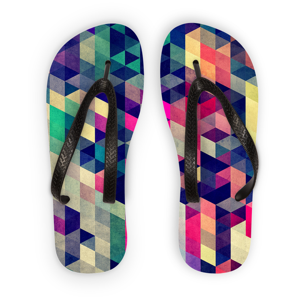 ATYM Adult Flip Flops featuring customizable printed fabric and soft plastic straps, ideal for summer wear.