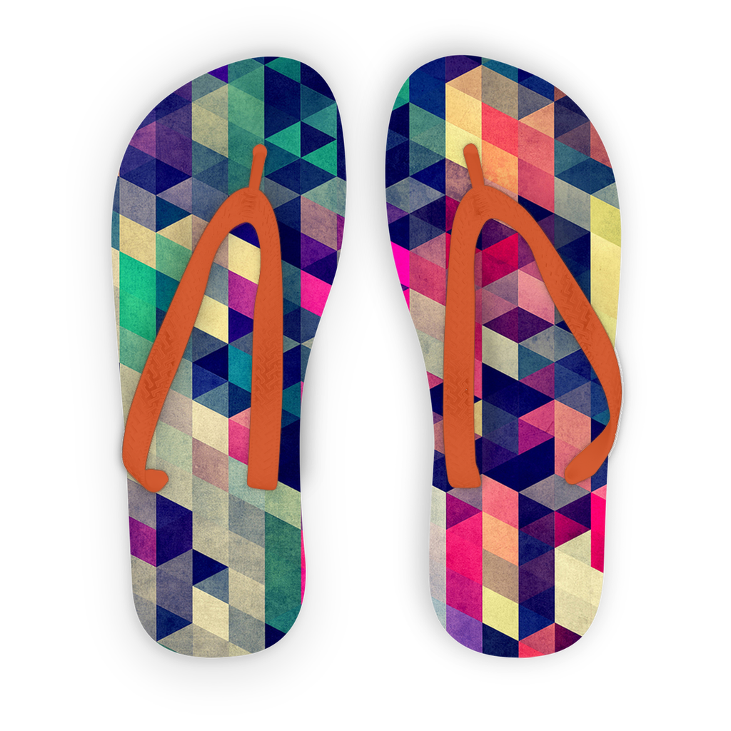 ATYM Adult Flip Flops featuring customizable printed fabric and soft plastic straps, ideal for summer wear.