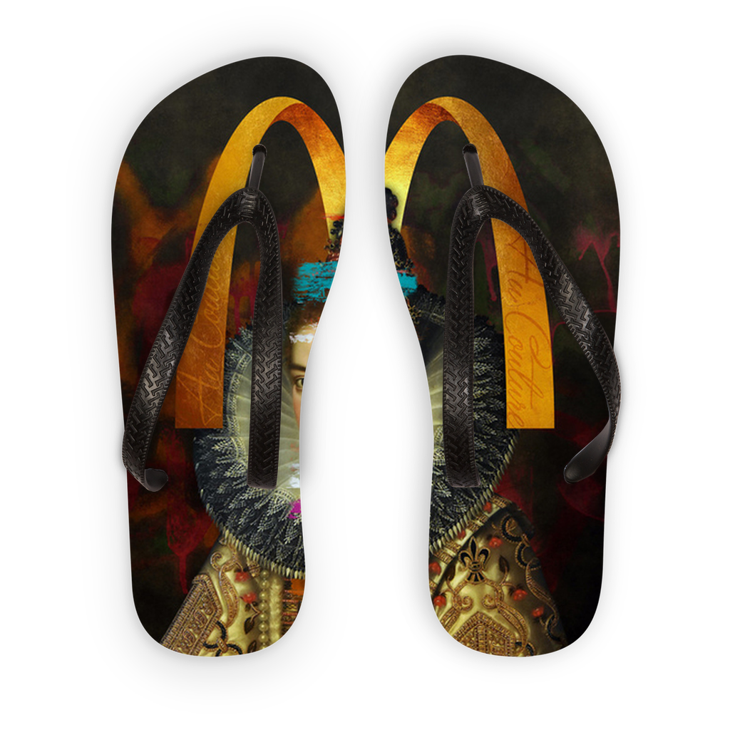 Au Couture Adult Flip Flops featuring customizable printed fabric and soft black or orange straps, ideal for poolside wear.