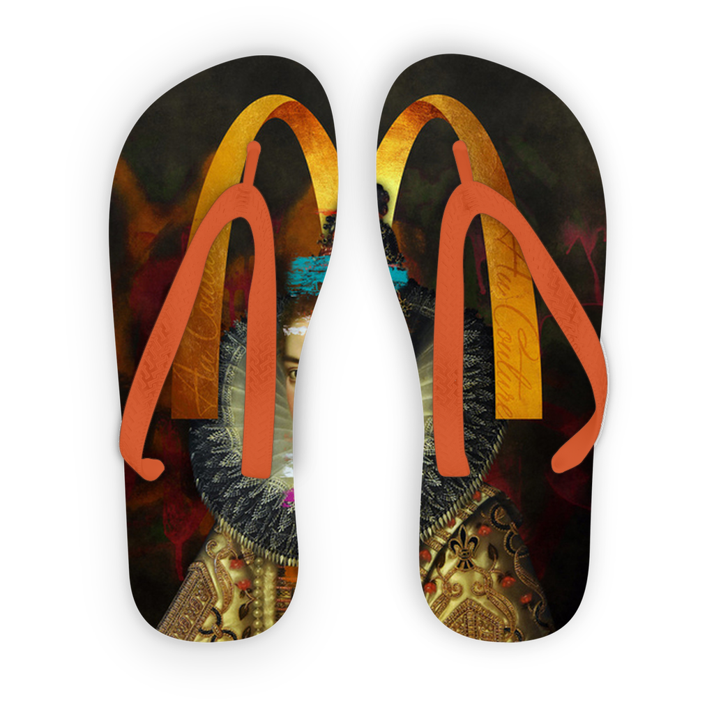 Au Couture Adult Flip Flops featuring customizable printed fabric and soft black or orange straps, ideal for poolside wear.