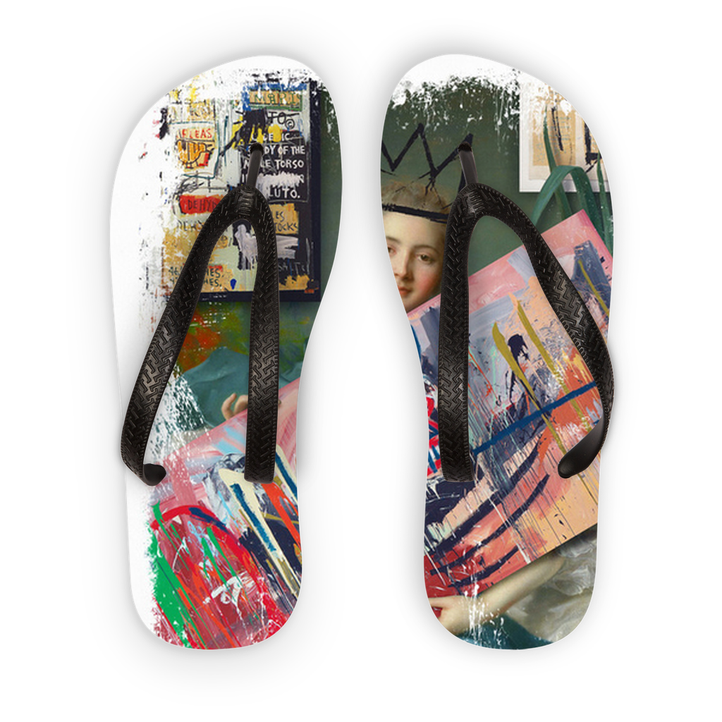 Basquiat Fan Adult Flip Flops featuring vibrant custom prints with black and orange straps, perfect for summer wear.