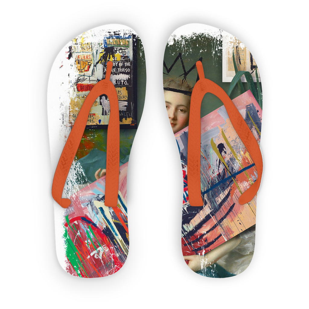 Basquiat Fan Adult Flip Flops featuring vibrant custom prints with black and orange straps, perfect for summer wear.