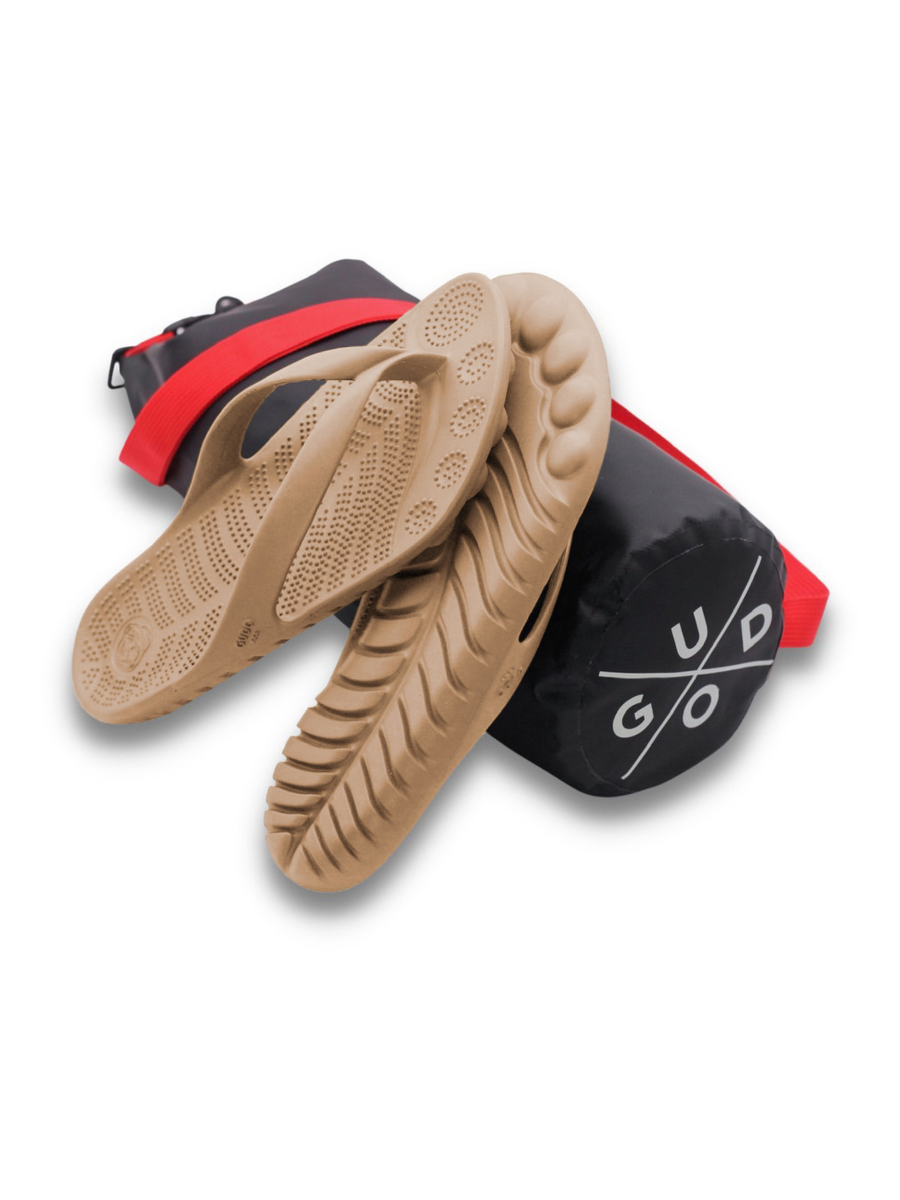 Beach Nude Flip-Flops with a waterproof drybag, showcasing a minimalist design and eco-friendly materials.