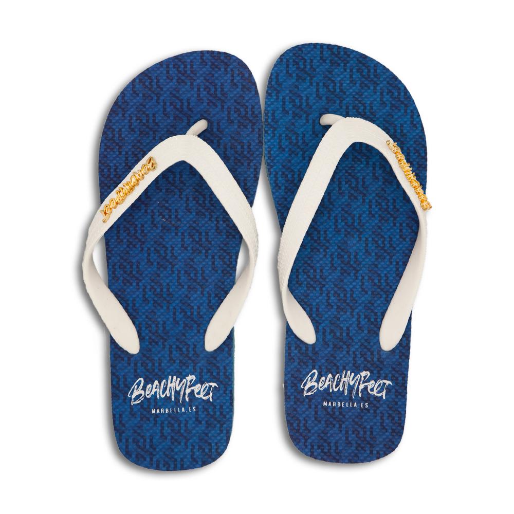 BeachyFeet® - Banus flip flops featuring a geometric pattern, lightweight design, and rugged strap, perfect for summer beach outings.