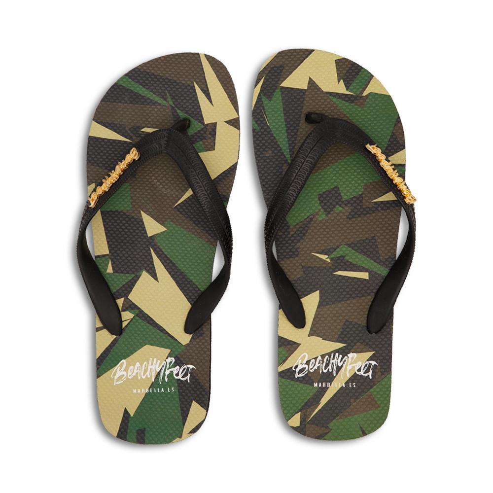 BeachyFeet® Coastal Camo flip flops featuring a stylish camo design and gold emblem, perfect for summer wear.