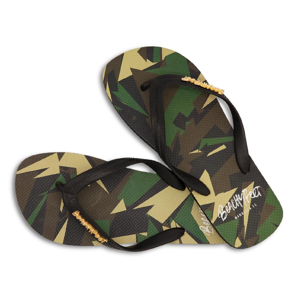 BeachyFeet® Coastal Camo flip flops featuring a stylish camo design and gold emblem, perfect for summer wear.