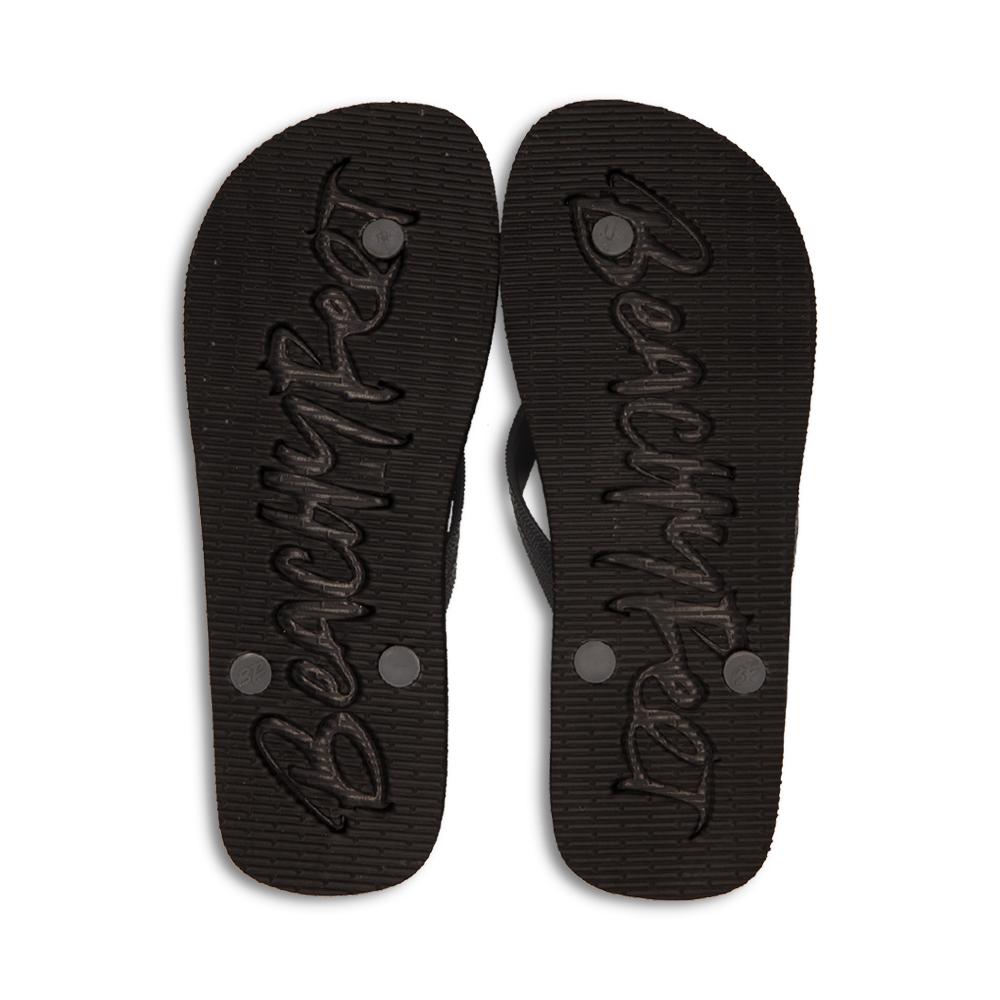 BeachyFeet® - Dreamers flip flops featuring a colorful intertwined pattern and gold emblem, perfect for beach and nightlife.