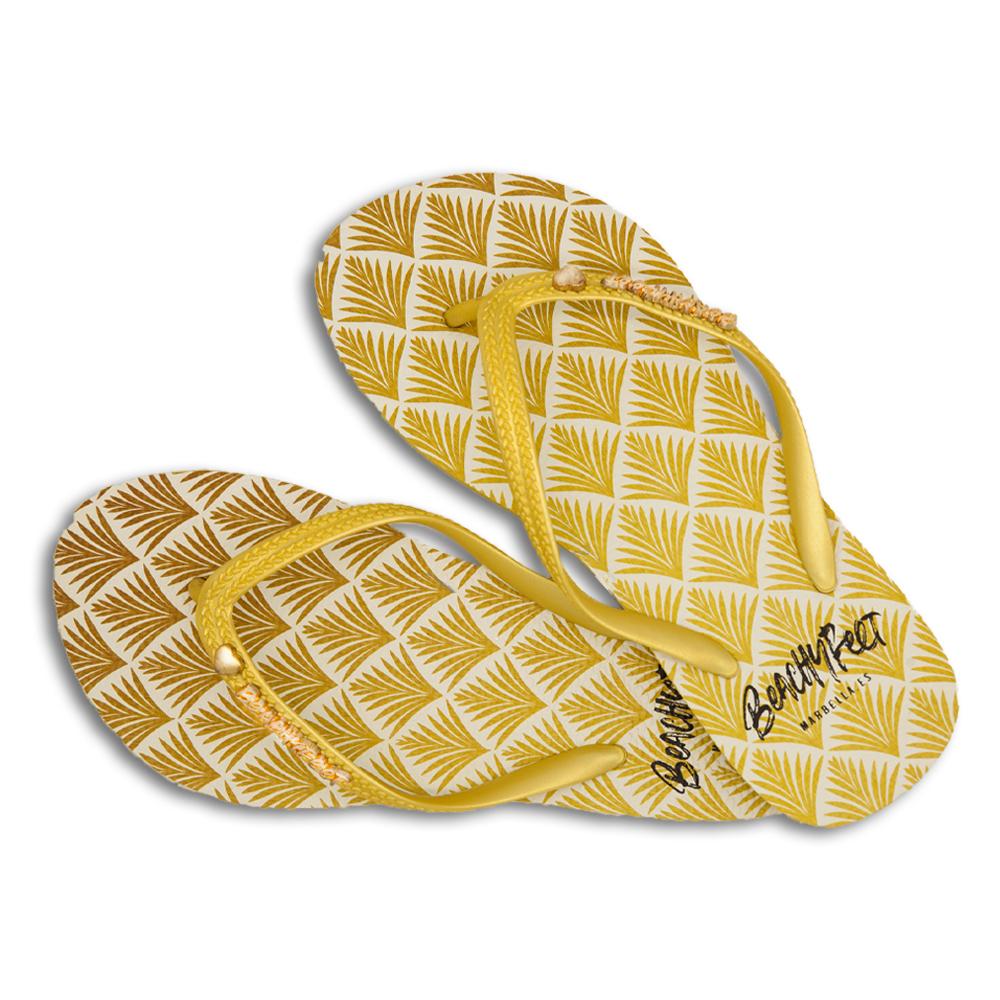 BeachyFeet® - Exótica flip flops featuring a golden palm pattern, perfect for summer beach outings.