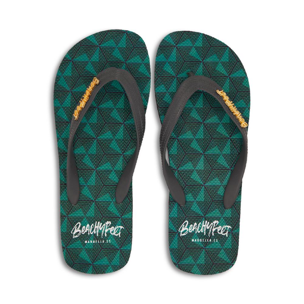 BeachyFeet® - Geométrico flip flops featuring a geometric pattern inspired by Real Alcázar De Seville, with a soft marble grey strap and gold emblem.