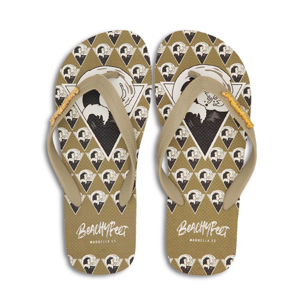 BeachyFeet® - La Onda flip flops featuring a sandy beige colorway with surf-inspired print, perfect for summer wear.