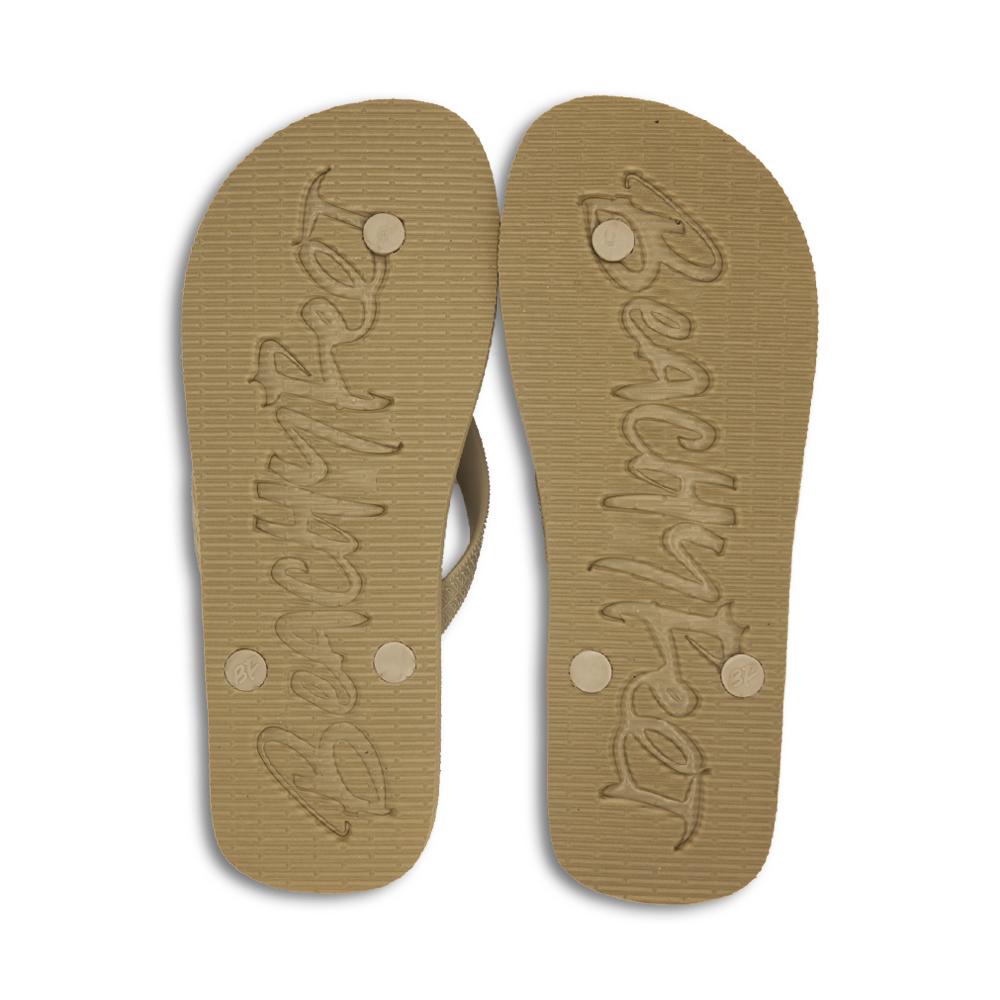 BeachyFeet® - La Onda flip flops featuring a sandy beige colorway with surf-inspired print, perfect for summer wear.