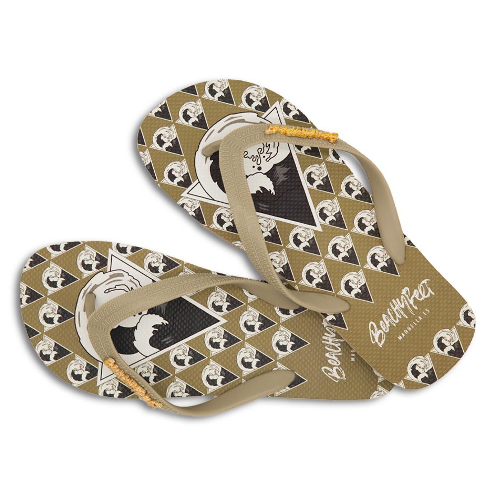 BeachyFeet® - La Onda flip flops featuring a sandy beige colorway with surf-inspired print, perfect for summer wear.