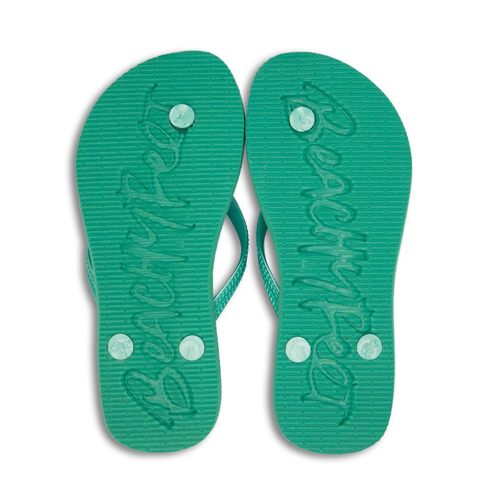 BeachyFeet® - Larimar flip flops featuring a pastel geometric floral design with a turquoise strap and gold emblem.