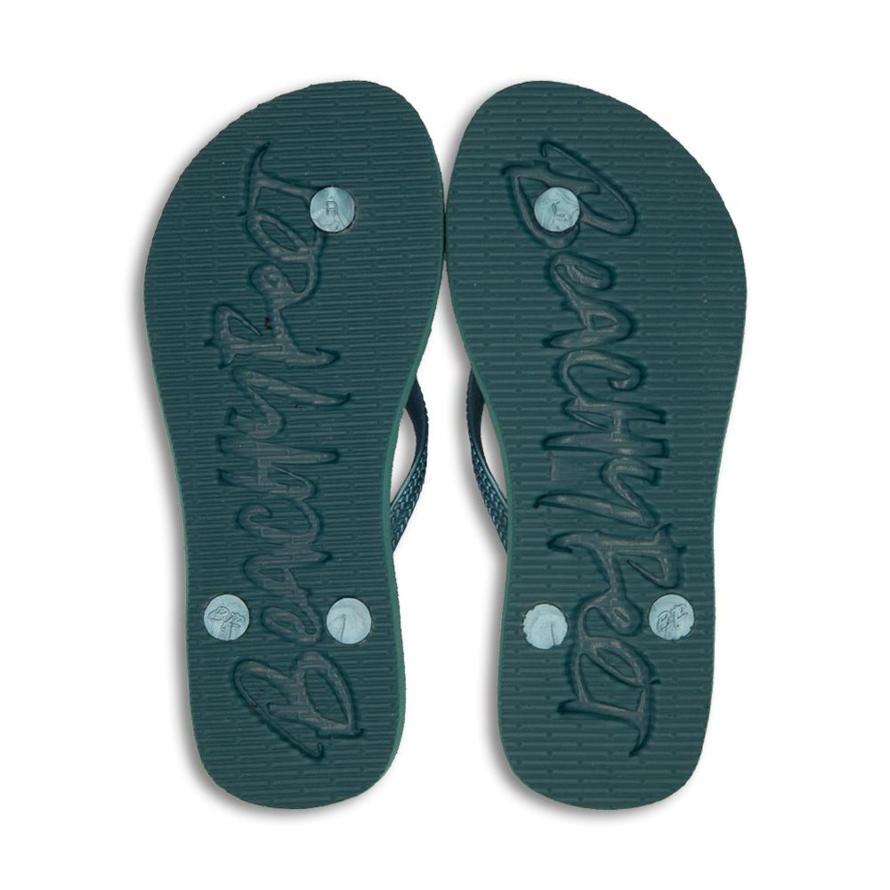 BeachyFeet® - Las Palmeras flip flops featuring tropical palm print, turquoise sole, and heart embellishment.