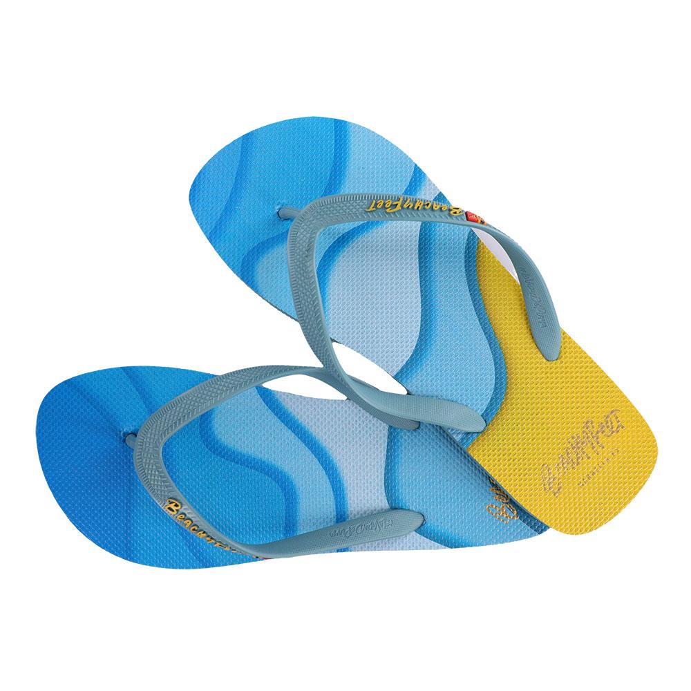 BeachyFeet® Waverider Azul Amarillo flip flops featuring a vibrant blue and yellow design, perfect for summer wear.