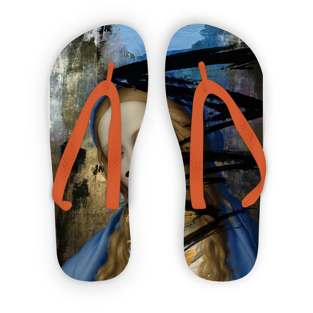 A pair of blue adult flip flops with customizable printed fabric on top and soft black or orange straps, ideal for poolside wear.