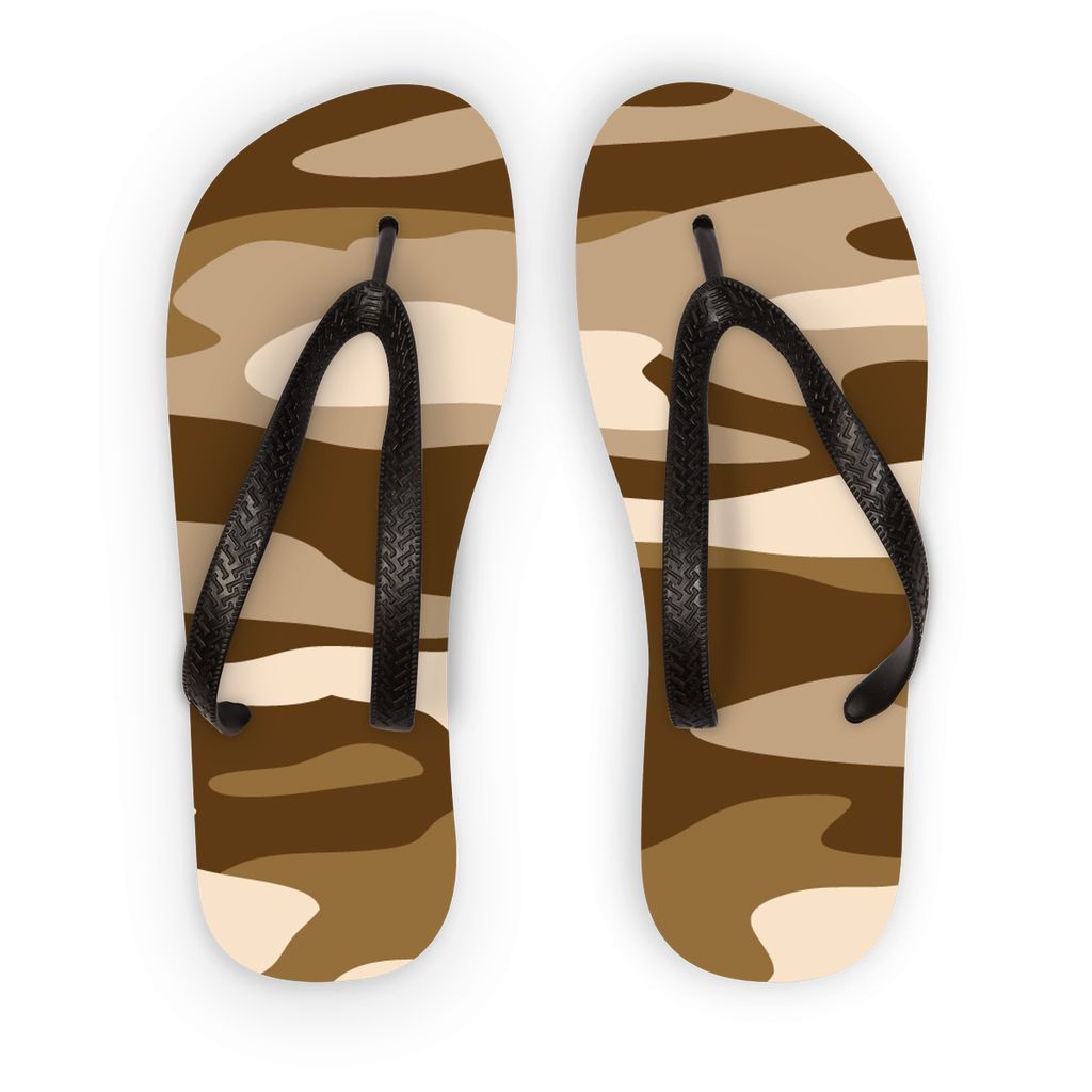 Camofludge 12 Flip Flops featuring a unique printed fabric top with a camofludge design, black soles, and straps, available in three sizes.