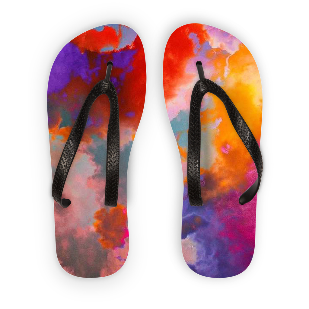 Éclaircie Adult Flip Flops featuring customizable printed fabric, soft plastic straps, and a ridged sole for grip, ideal for summer wear.