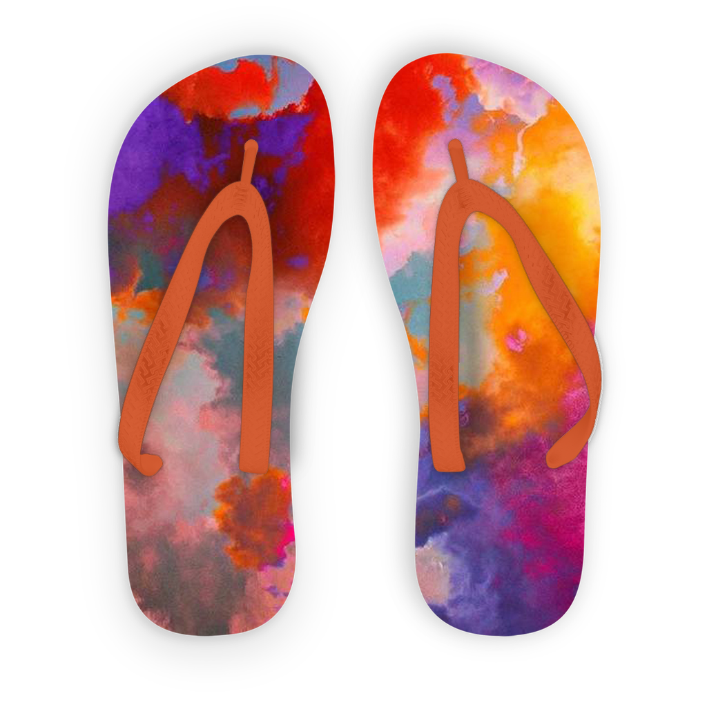 Éclaircie Adult Flip Flops featuring customizable printed fabric, soft plastic straps, and a ridged sole for grip, ideal for summer wear.