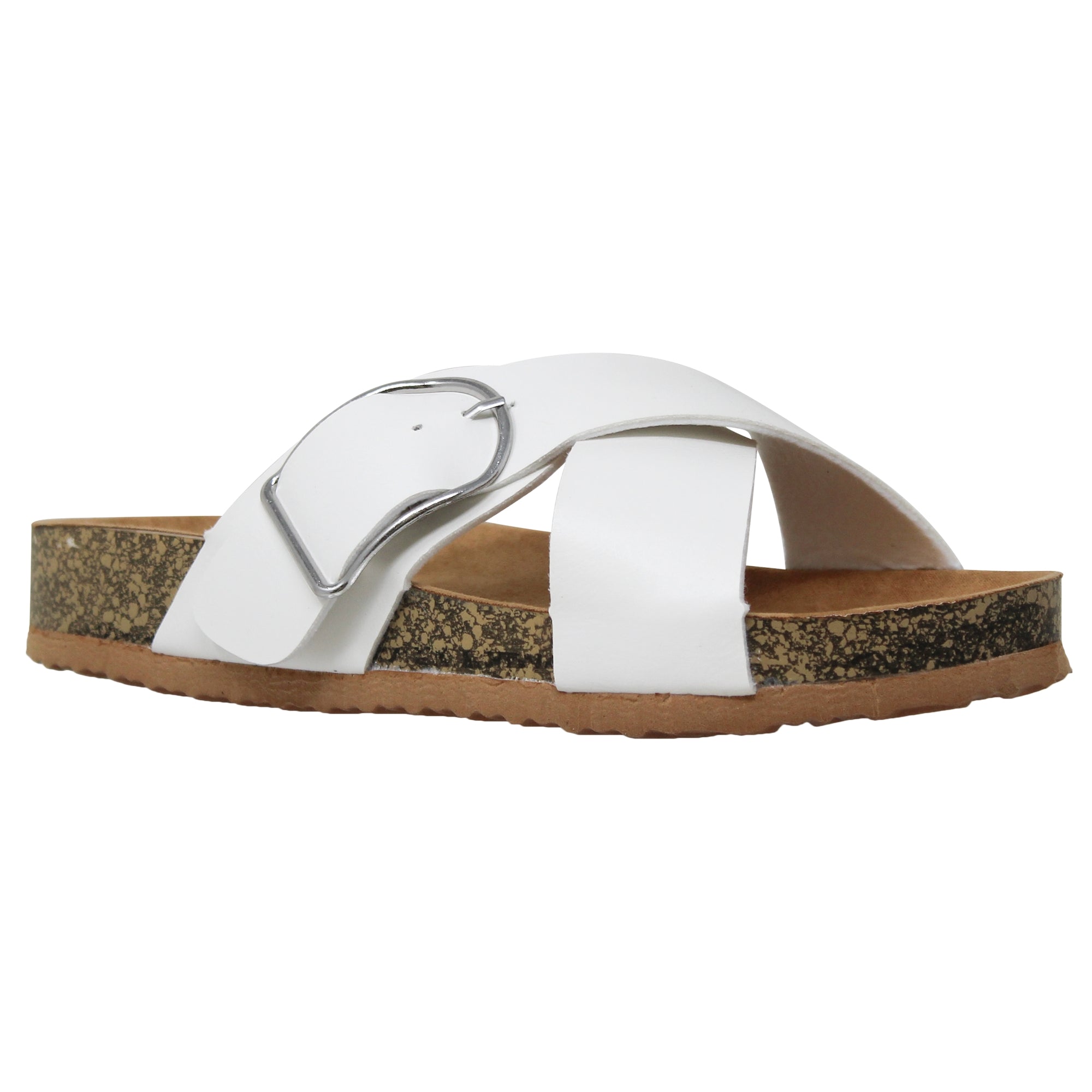 Classic Comfort Sandals featuring criss-cross straps and adjustable buckles on a flatform sole, perfect for stylish and comfortable wear.