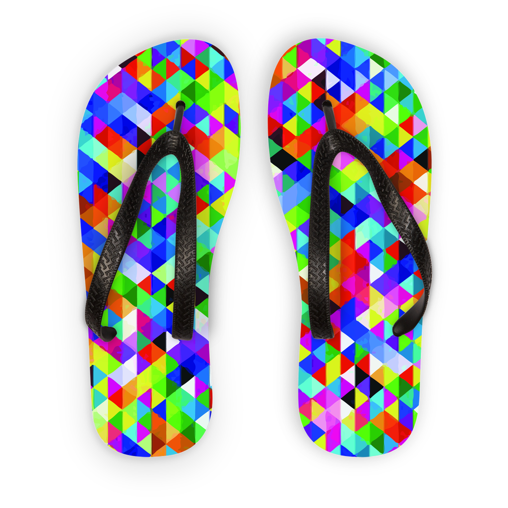 Colorful Geometric Blast Adult Flip Flops featuring vibrant printed fabric and soft black or orange straps, ideal for summer wear.