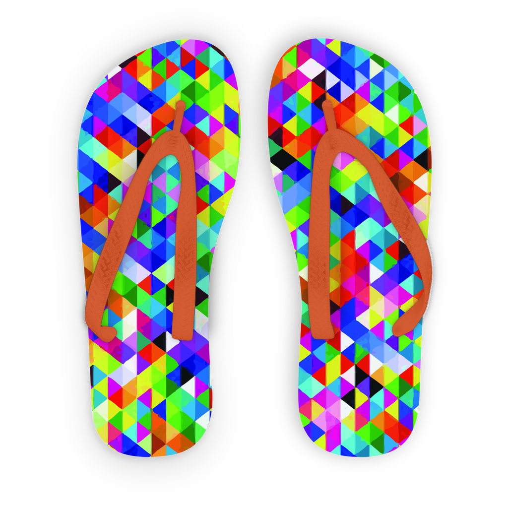 Colorful Geometric Blast Adult Flip Flops featuring vibrant printed fabric and soft black or orange straps, ideal for summer wear.