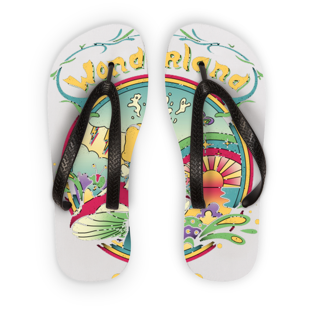 Day Dreamer Adult Flip Flops featuring customizable printed fabric on top with black and orange straps, showcasing a stylish and comfortable design.