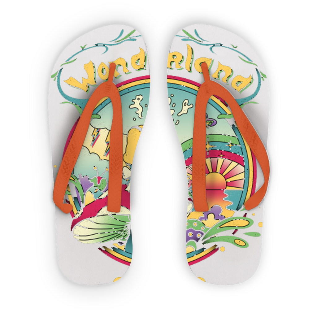 Day Dreamer Adult Flip Flops featuring customizable printed fabric on top with black and orange straps, showcasing a stylish and comfortable design.