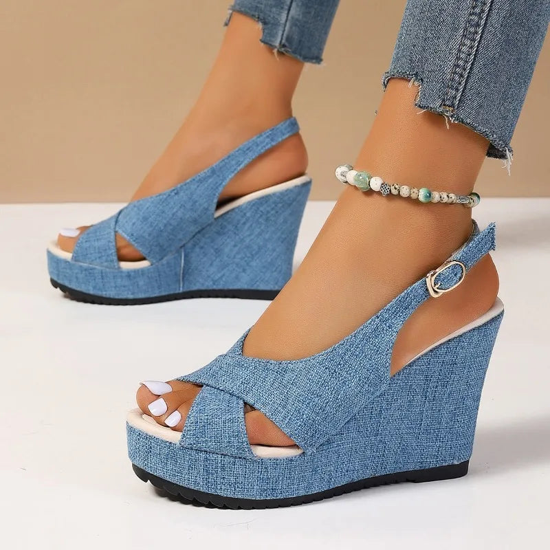 DOGHC 2024 Women's Ankle Buckle Wedges Sandals in sizes 35-43, featuring a stylish design with a high wedge heel and durable canvas material.