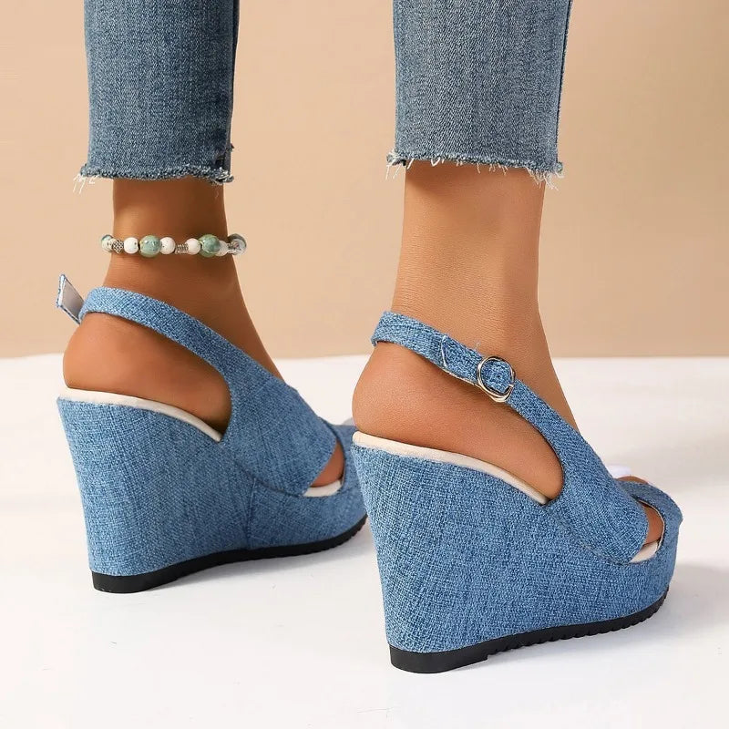 DOGHC 2024 Women's Ankle Buckle Wedges Sandals in sizes 35-43, featuring a stylish design with a high wedge heel and durable canvas material.