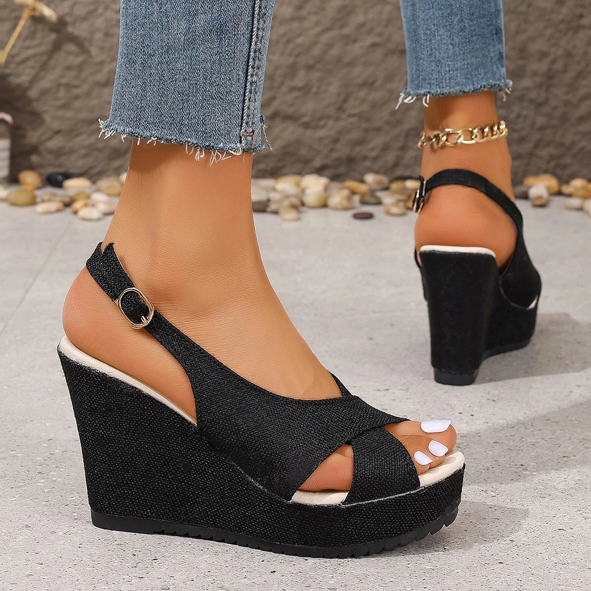 DOGHC 2024 Women's Ankle Buckle Wedges Sandals in sizes 35-43, featuring a stylish design with a high wedge heel and durable canvas material.