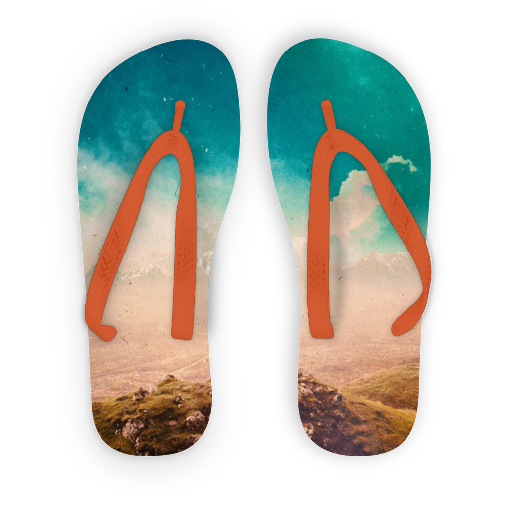 A pair of Don't Matter to Me Adult Flip Flops featuring customizable printed fabric on top with black or orange soft plastic straps, ideal for summer wear.