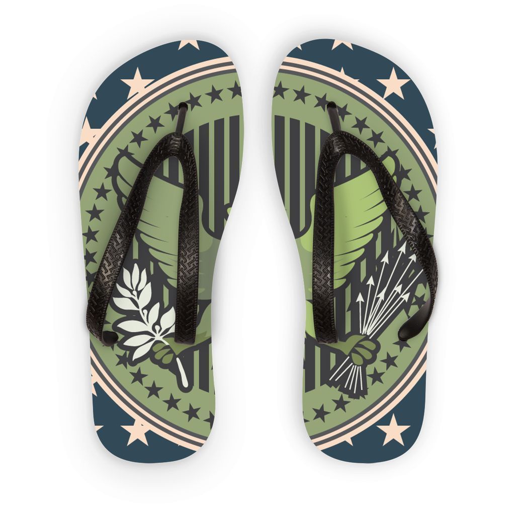 Eagle Seal Flip Flops featuring a unique printed fabric top side and durable black soles, perfect for summer outings.