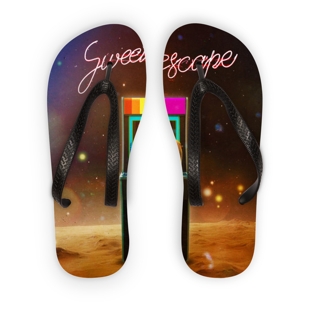 Escape Adult Flip Flops featuring customizable printed fabric and soft black or orange straps, perfect for poolside wear.