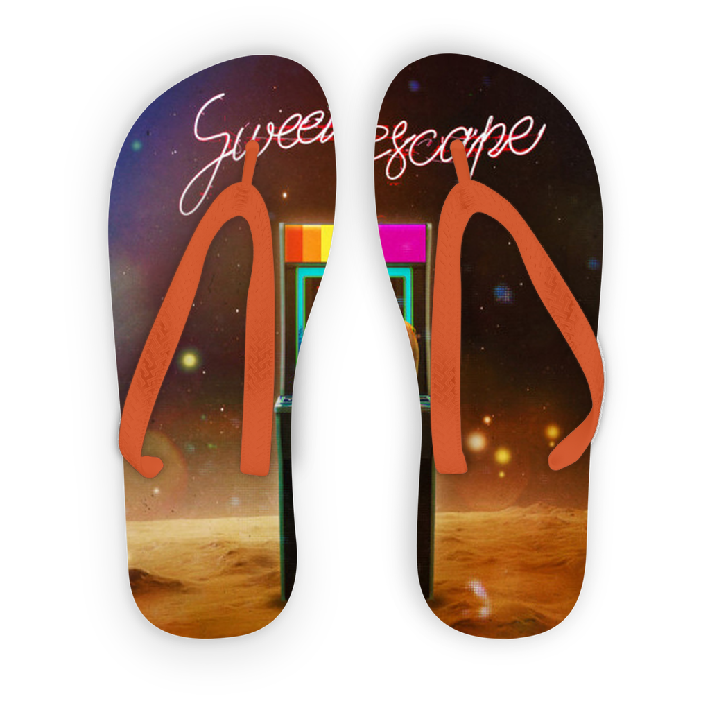 Escape Adult Flip Flops featuring customizable printed fabric and soft black or orange straps, perfect for poolside wear.