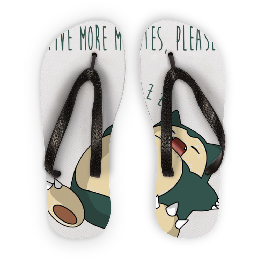 Five More Minutes Please Adult Flip Flops with customizable printed fabric and black or orange straps, showcasing a soft foam sole and ridged grip.