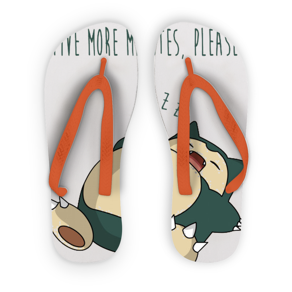 Five More Minutes Please Adult Flip Flops with customizable printed fabric and black or orange straps, showcasing a soft foam sole and ridged grip.