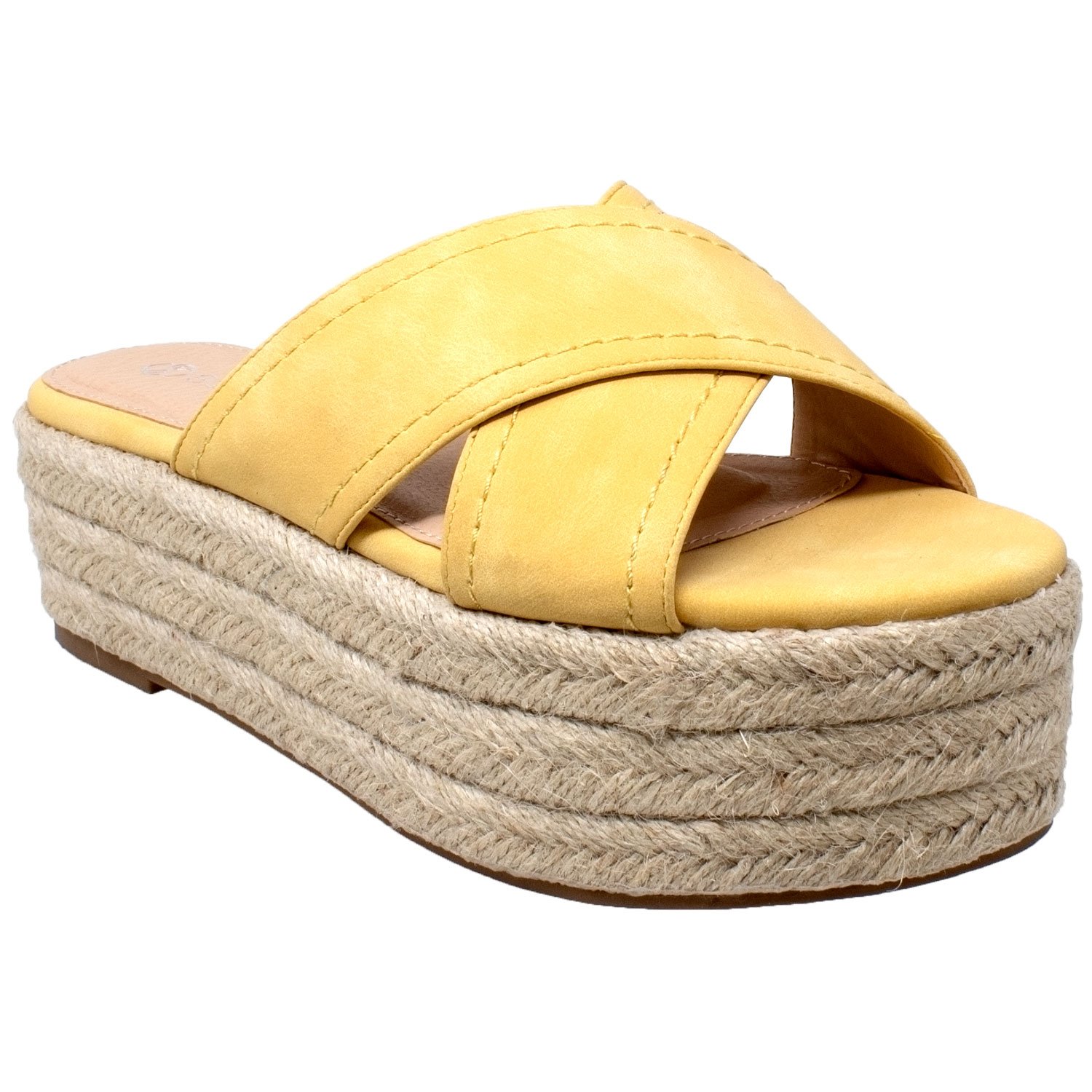 Flatform Espadrille Wedge Sandal featuring criss-cross straps and braided jute platform in various colors.