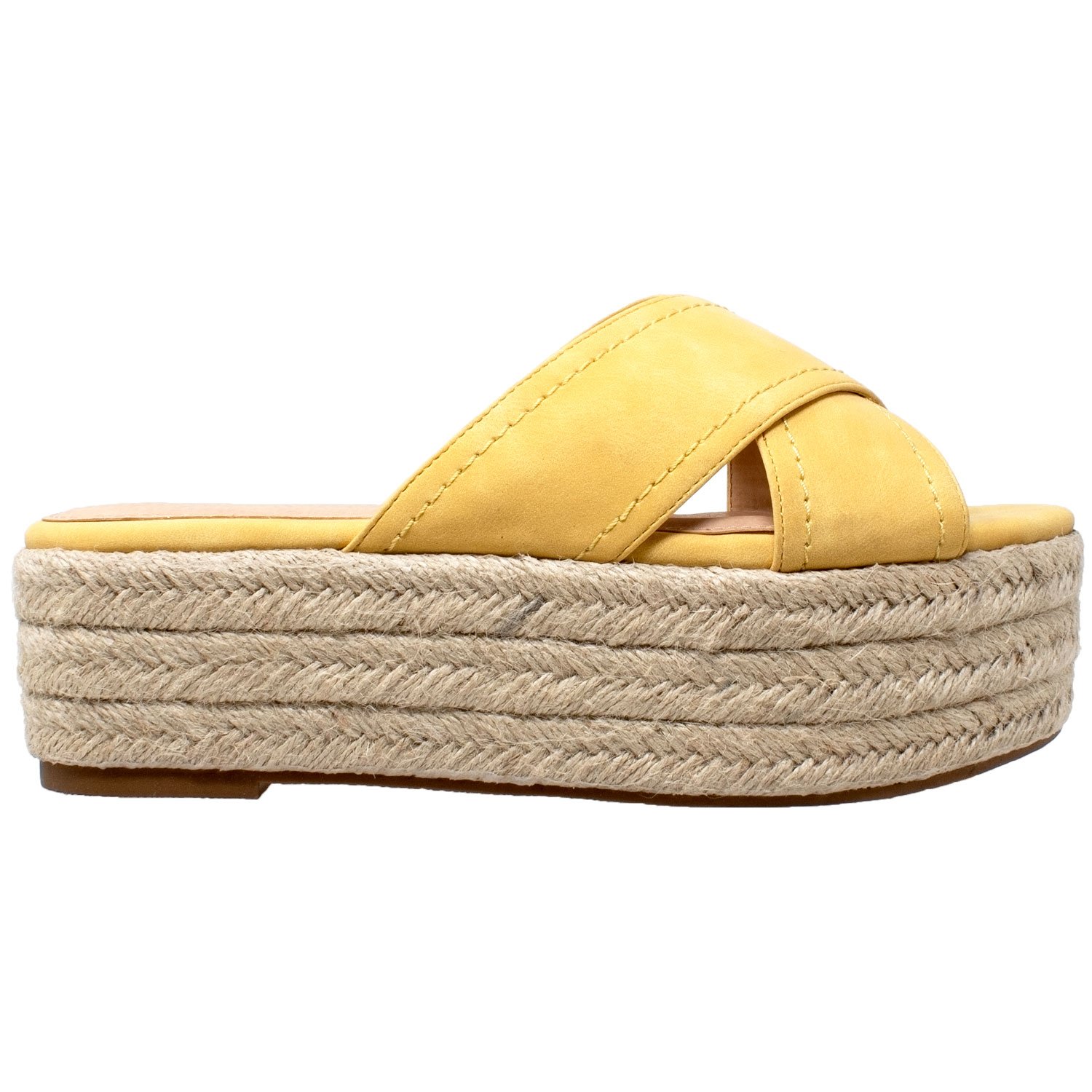 Flatform Espadrille Wedge Sandal featuring criss-cross straps and braided jute platform in various colors.